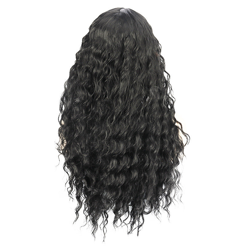 Natural Black Long Curly Water Wave Centre-Parting Front Lace Hair Wig