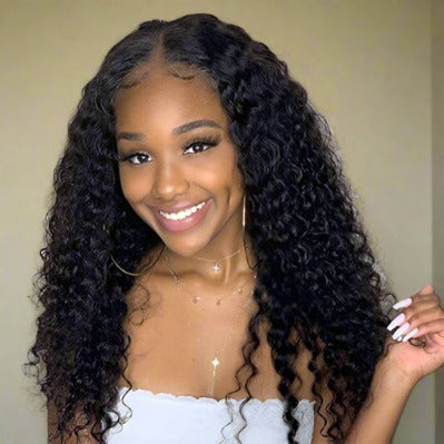 Natural Black Long Curly Water Wave Centre-Parting Front Lace Hair Wig