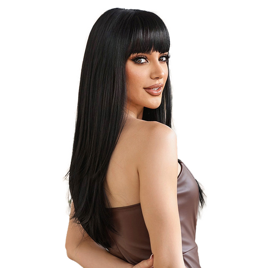 Natural Black Long Straight Wigs with Bangs Synthetic Wigs