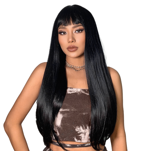 Dark Black Long Straight Wigs with Bangs Synthetic Wigs