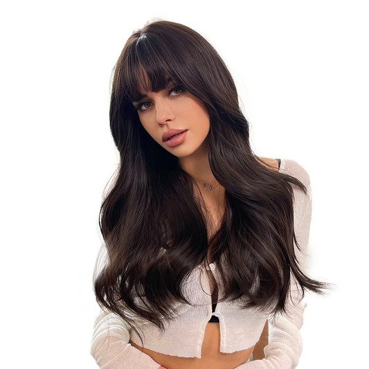 Natural Brown Long Wavy Wigs with Bangs Synthetic Wigs