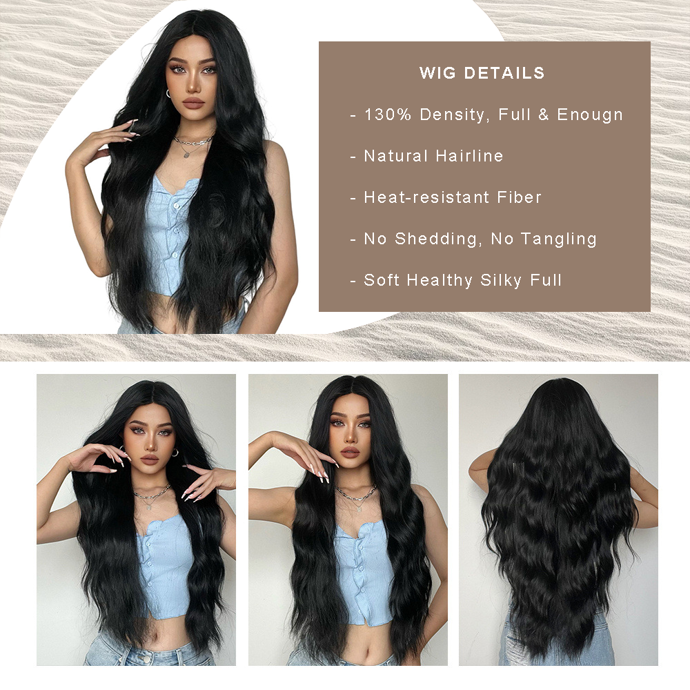 Natural Black Long Centre-parting Wavy Synthetic Wigs